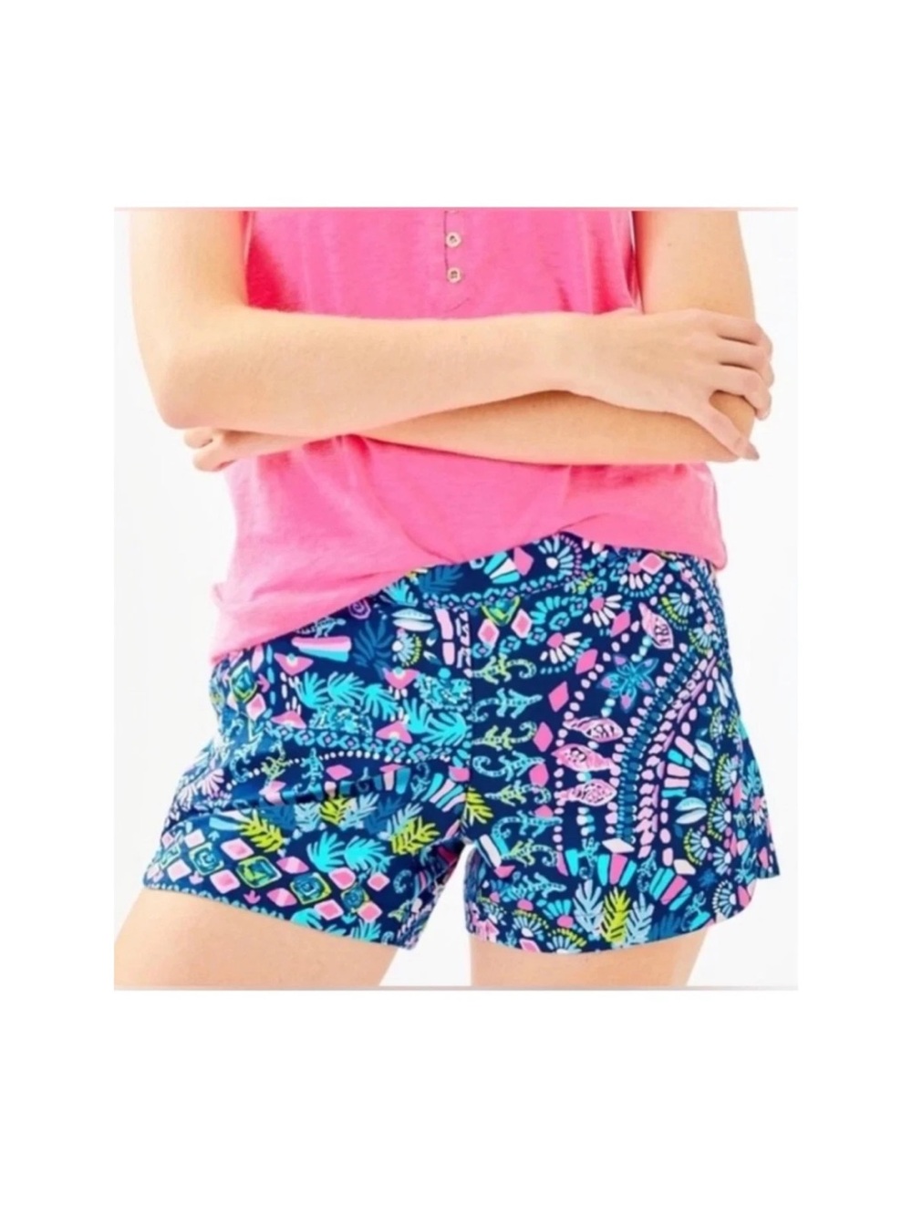 Lilly Pulitzer Ocean View Shorts Womens Inky Blue Glow and Flow pink blue Sz L